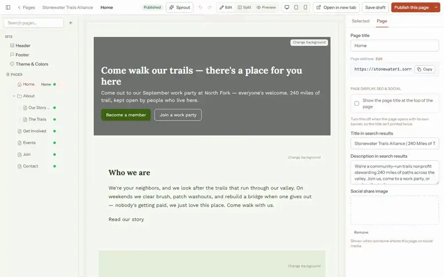 The website builder: a sentence is typed to Sprout — swap the hero photo, warm up the headline — and the page changes; a second sentence tightens a paragraph; the change is published with one click.