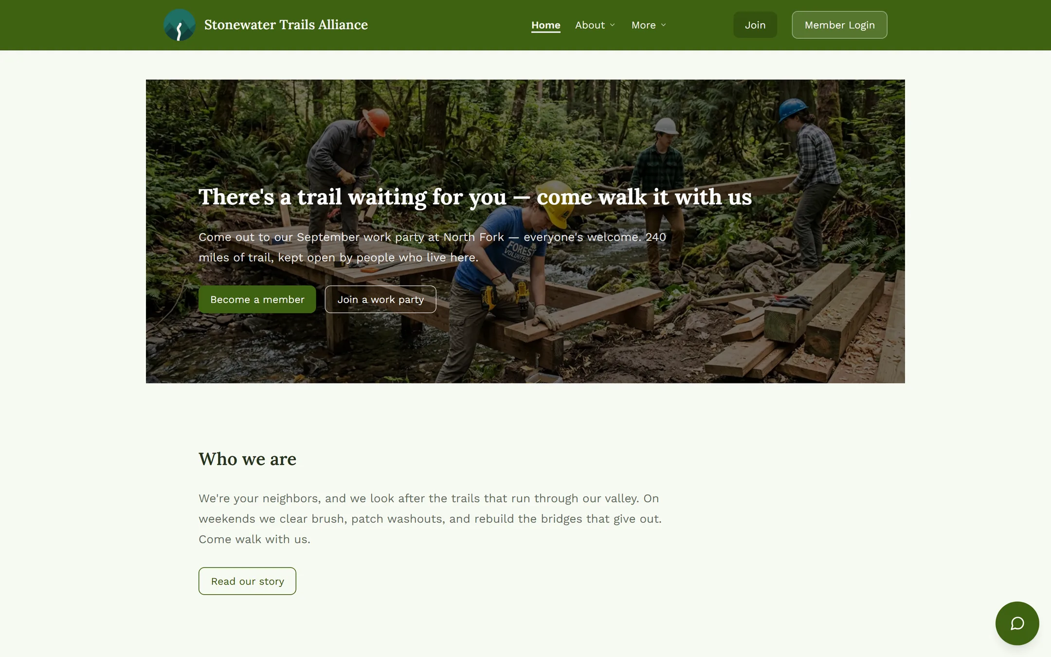 The organization's published public homepage: its own photograph as the hero, its own line under the name, and two buttons to join or come to a work party.