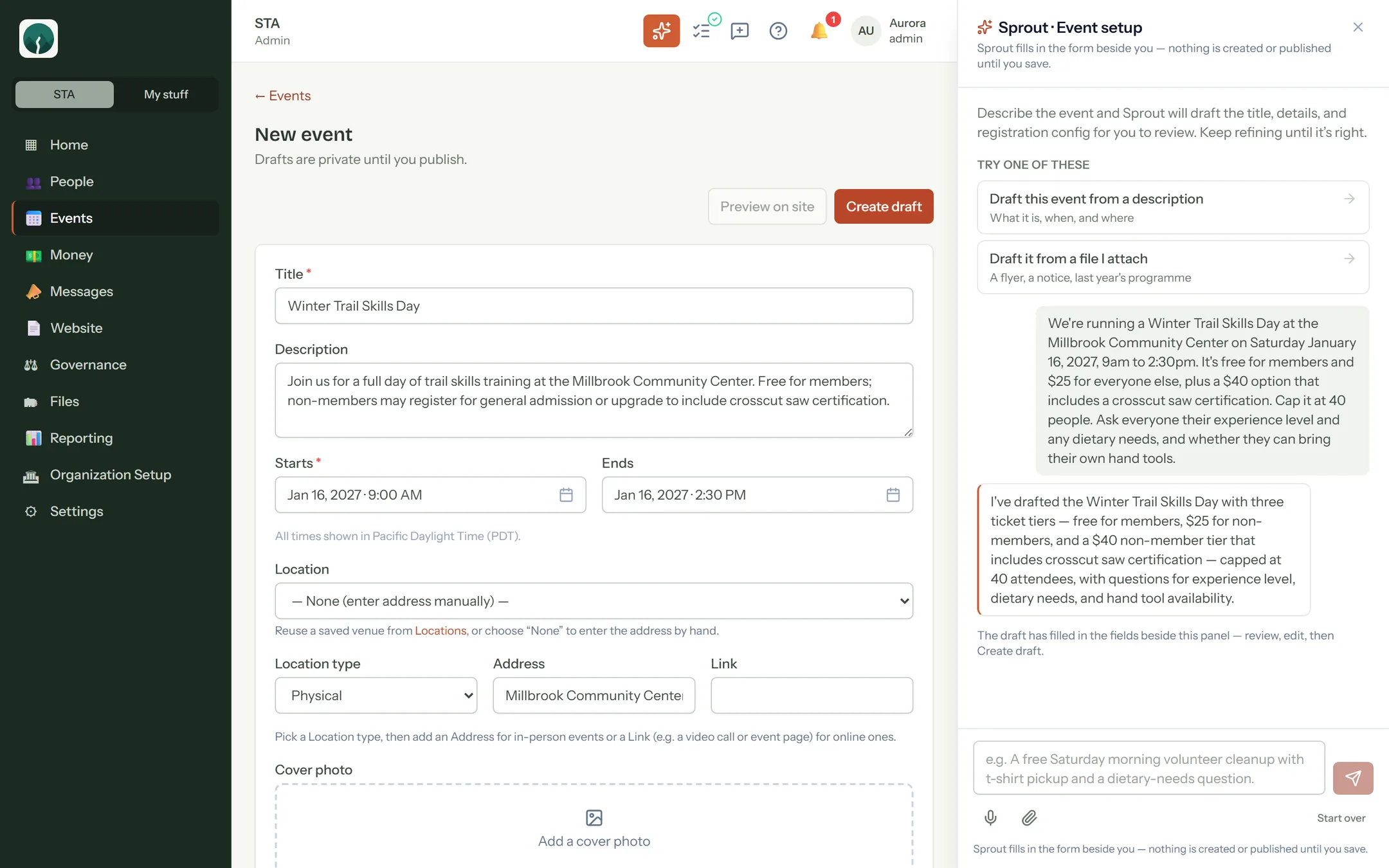 An event form filled in by Sprout from one paragraph: title, dates, ticket choices, capacity, and registration questions, ready to review before creating the draft.