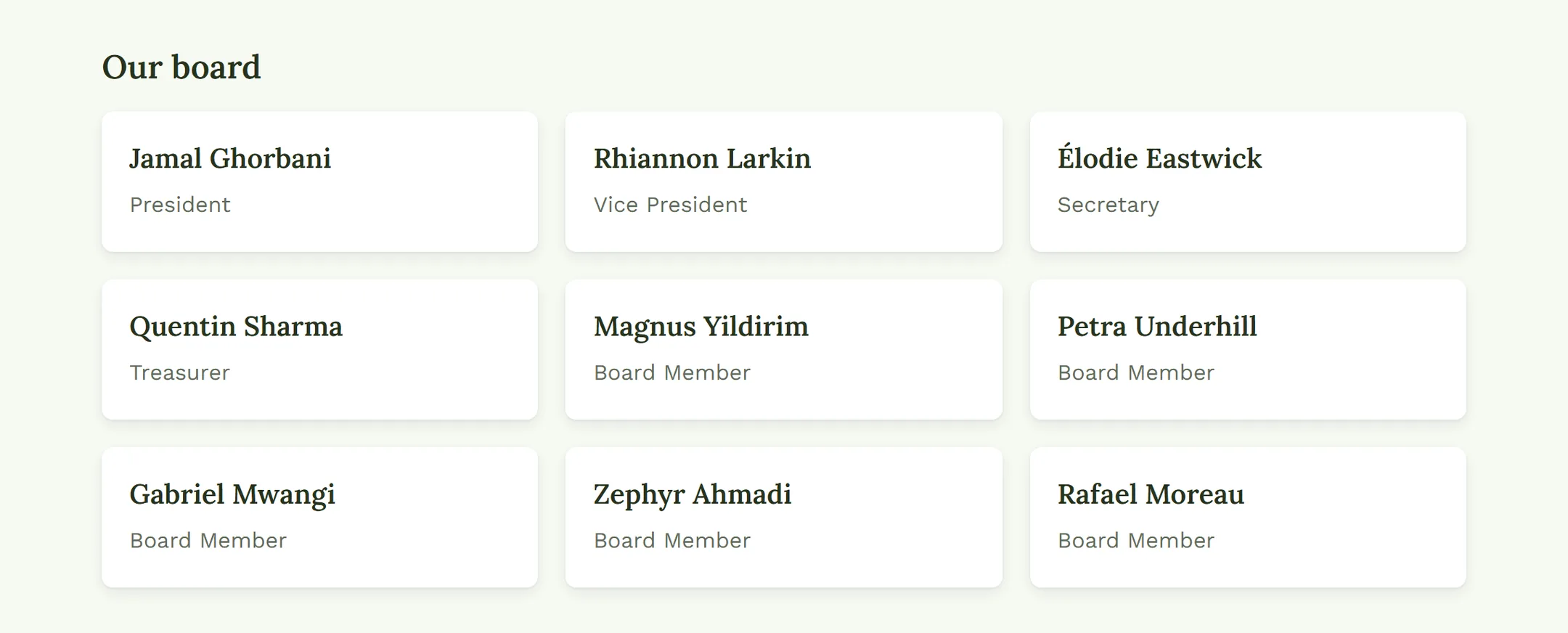 The 'Our board' block on the organization's public About page: nine directors as cards, each with name and position, drawn straight from the committee roster rather than typed onto the page.