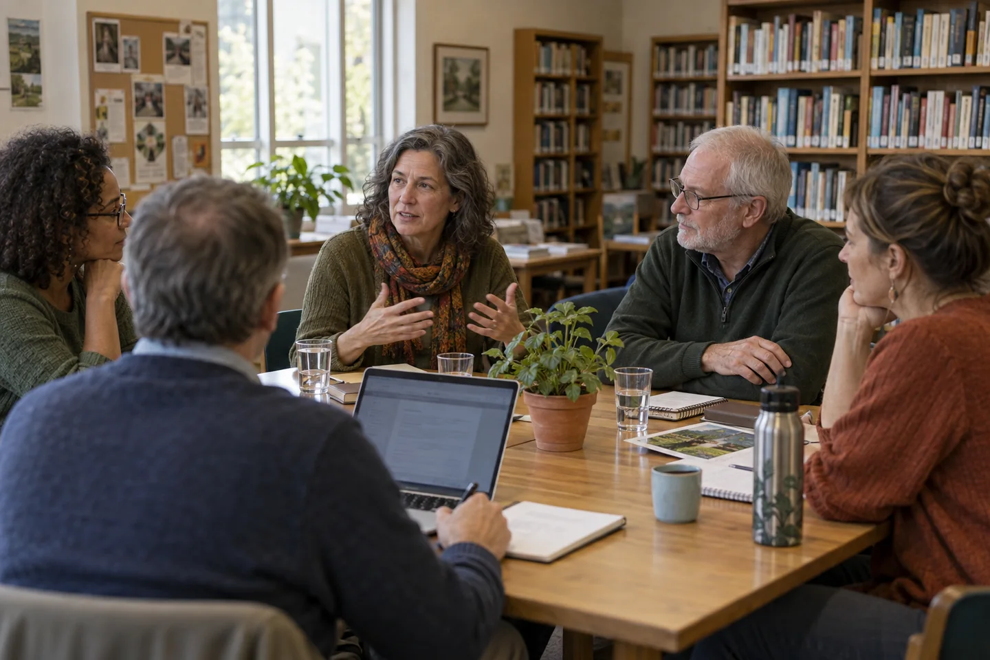 Board members discuss the next item around a meeting table