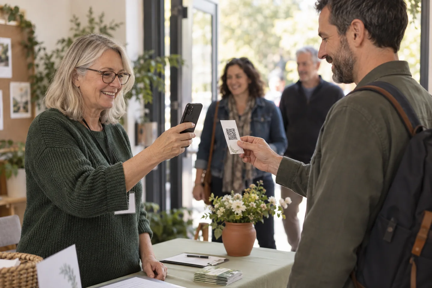 A volunteer welcomes arriving guests and checks their tickets with a phone