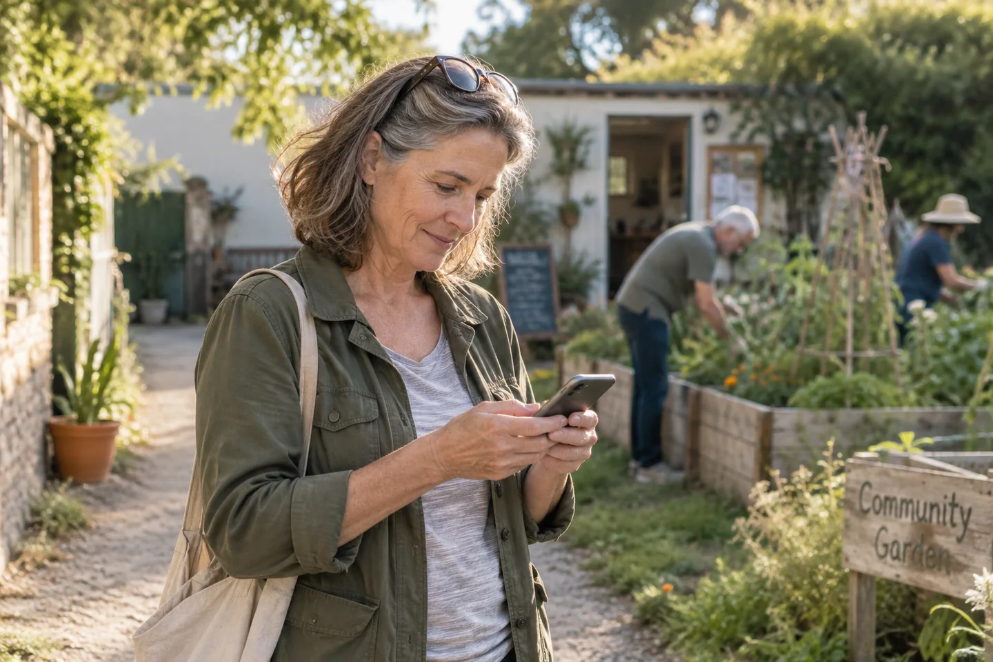 A volunteer takes a moment to use her phone while out for the day