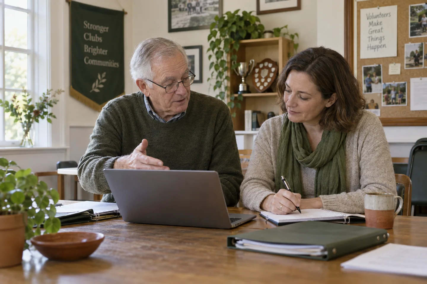 Two board colleagues go through their organization's records during a handover