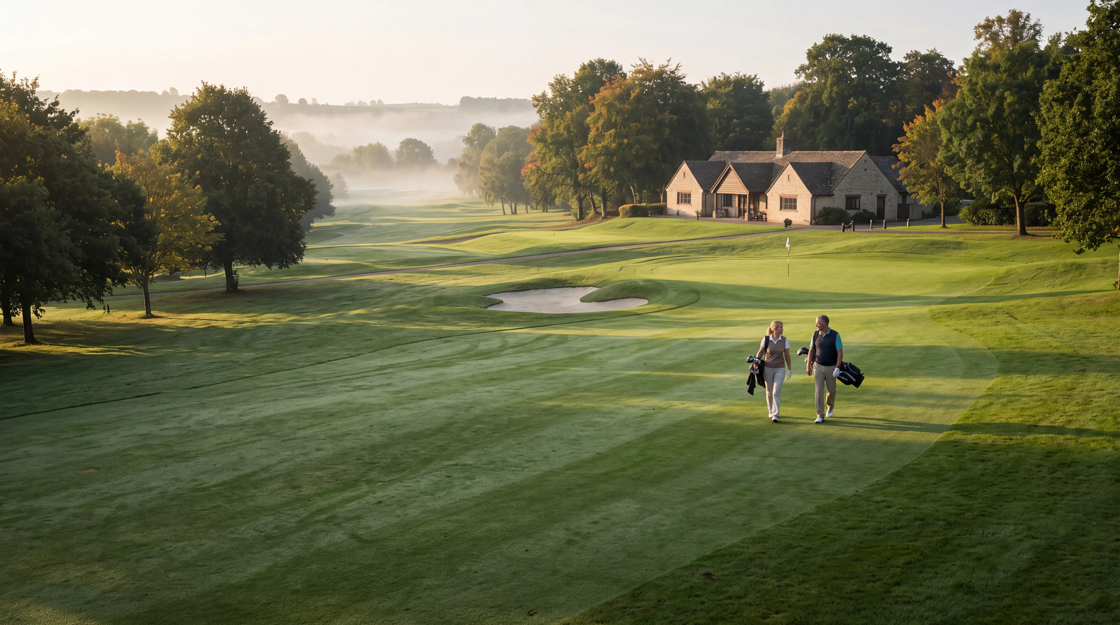A sweeping green golf course and its surrounding landscape.