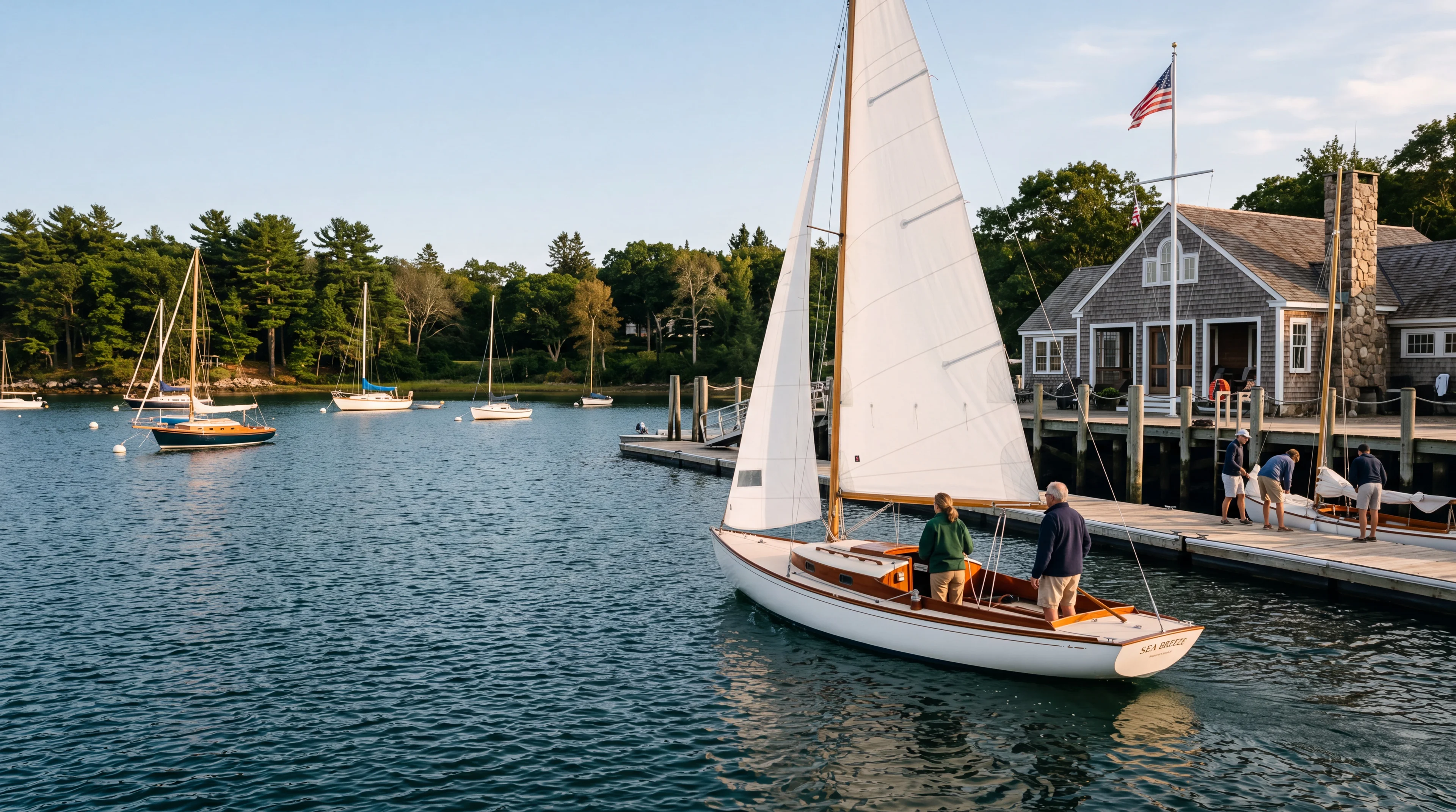Sailing boats and a waterfront clubhouse in warm evening light.