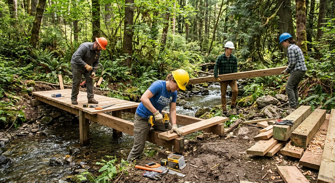 An illustrative volunteer crew building a timber crossing in woodland.