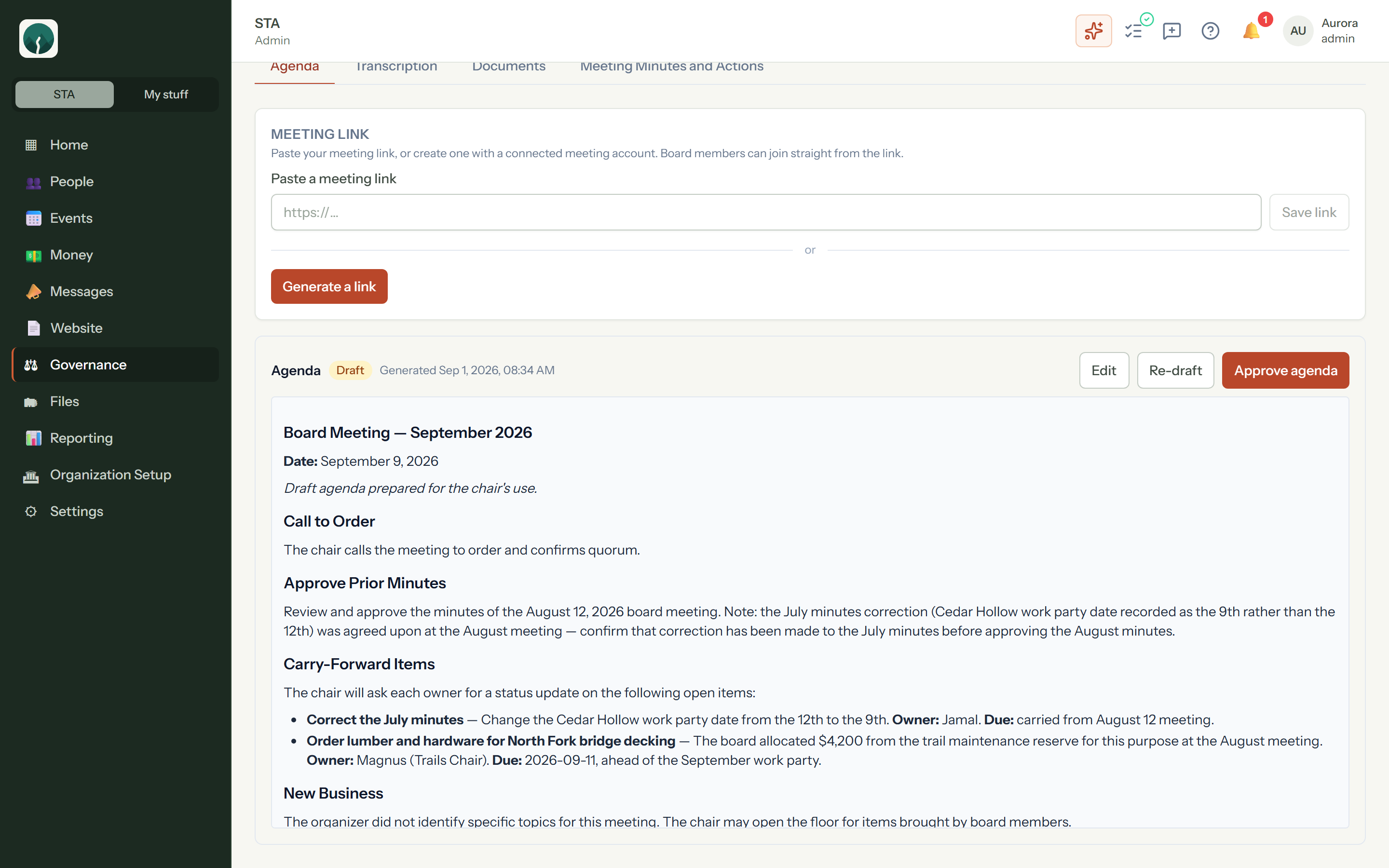 A drafted board agenda with meeting context and carry-forward action items.
