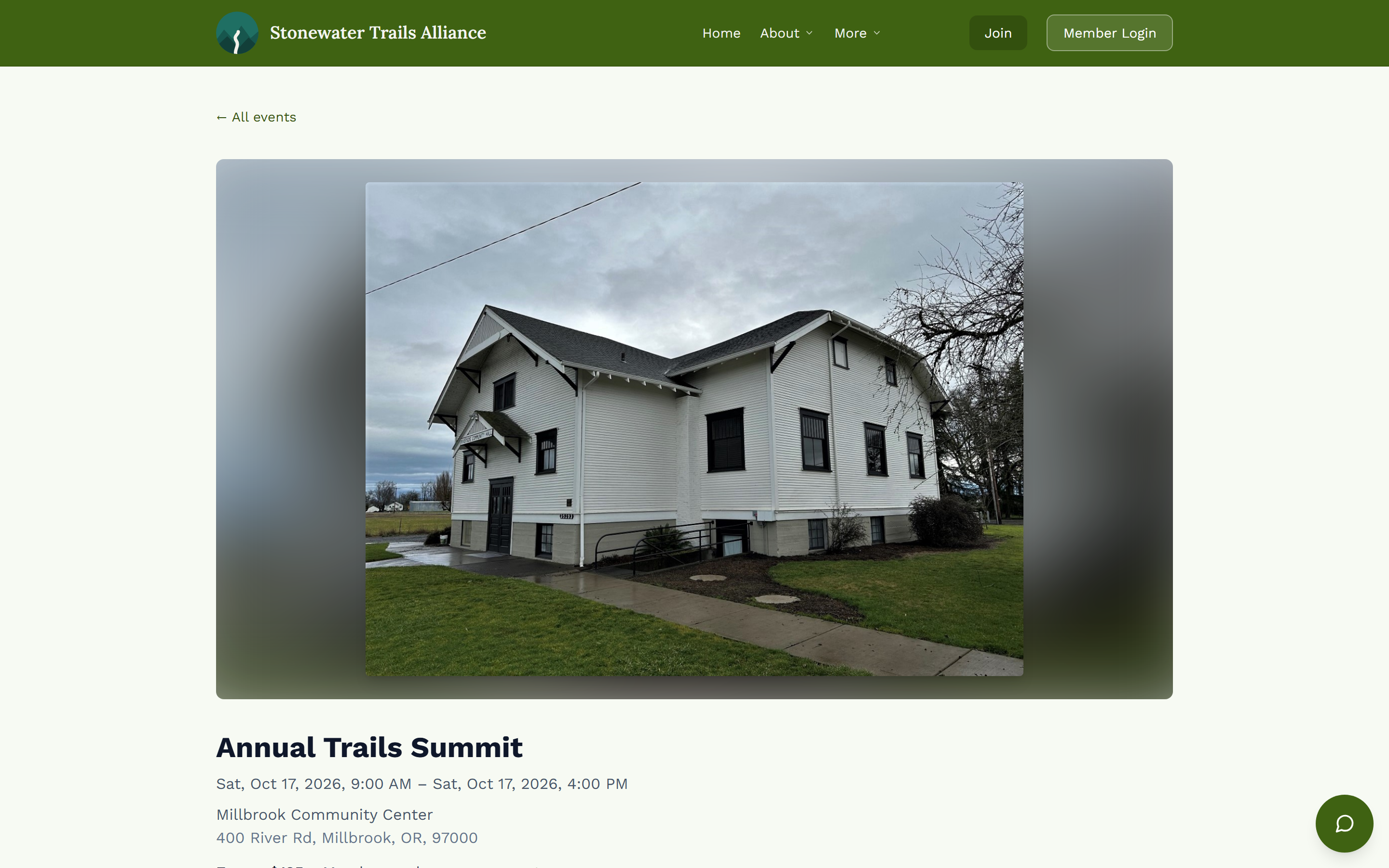 A published event page with venue photograph, event title, date and location.