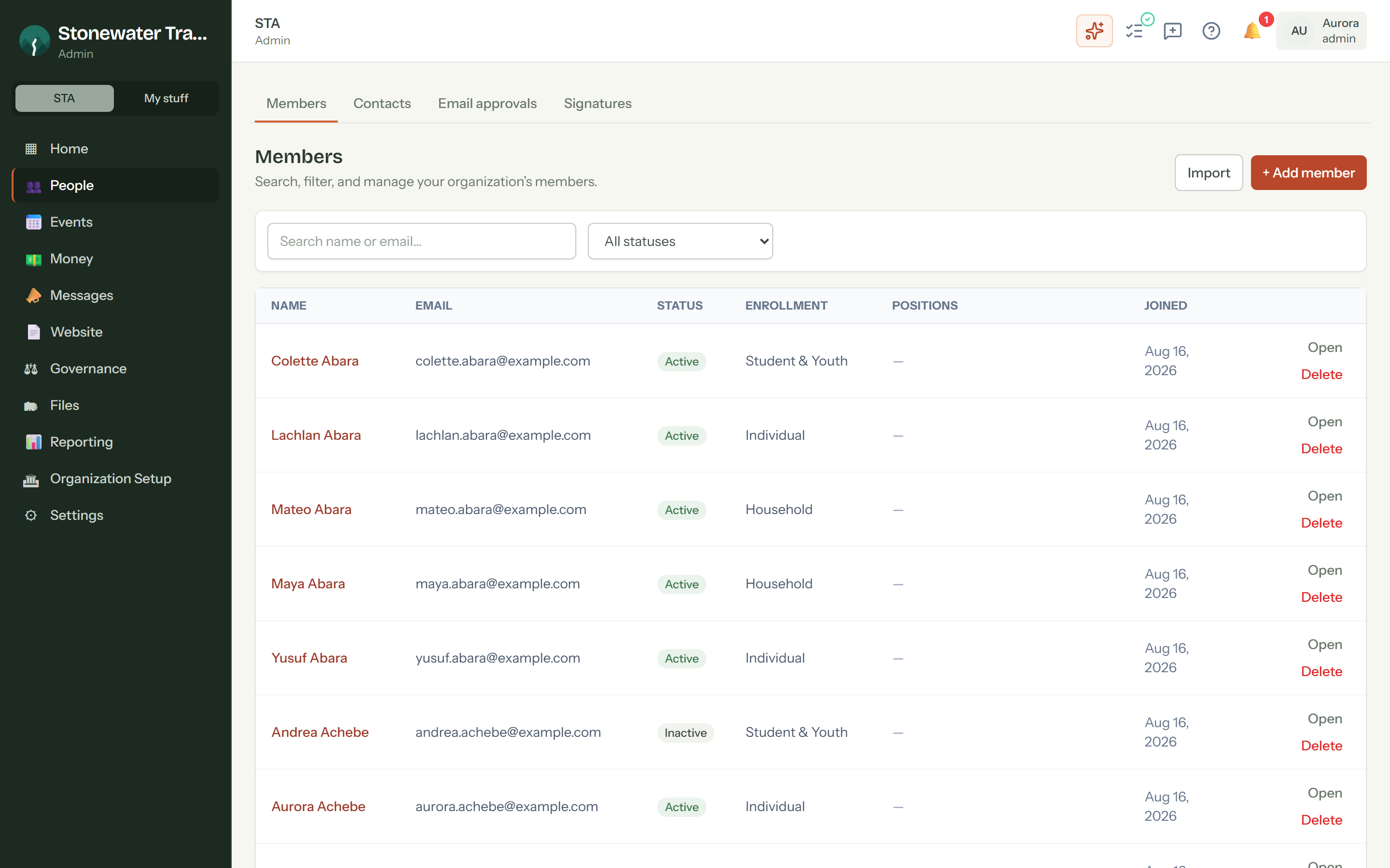 Searchable member roster with membership status, enrollment types and positions.