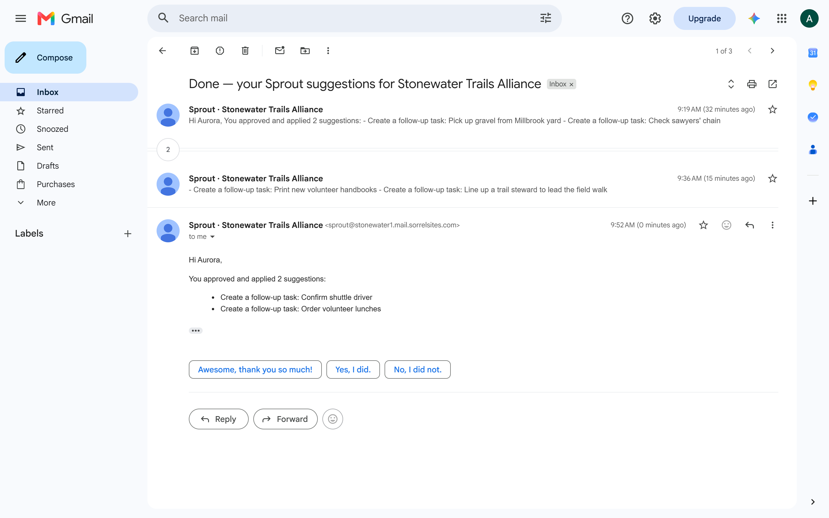 confirmation naming the follow-up tasks applied after approval.