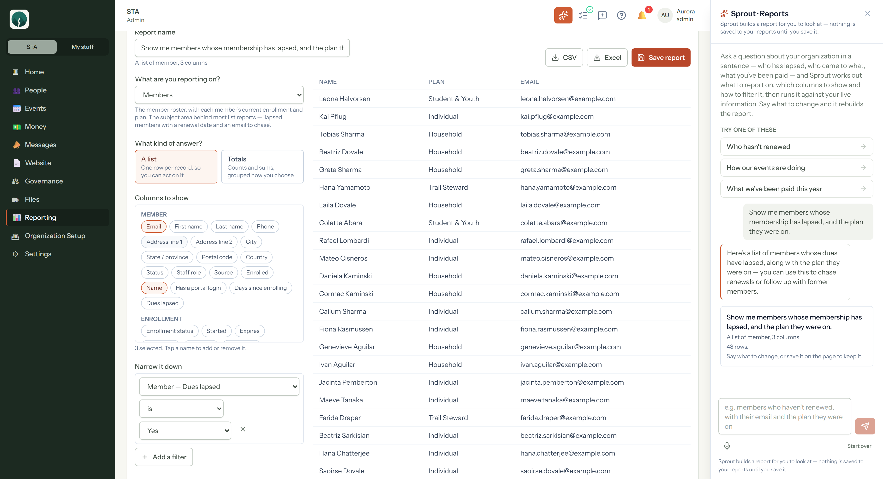 A plain-language report question in Sprout beside the resulting member report and editable report definition.