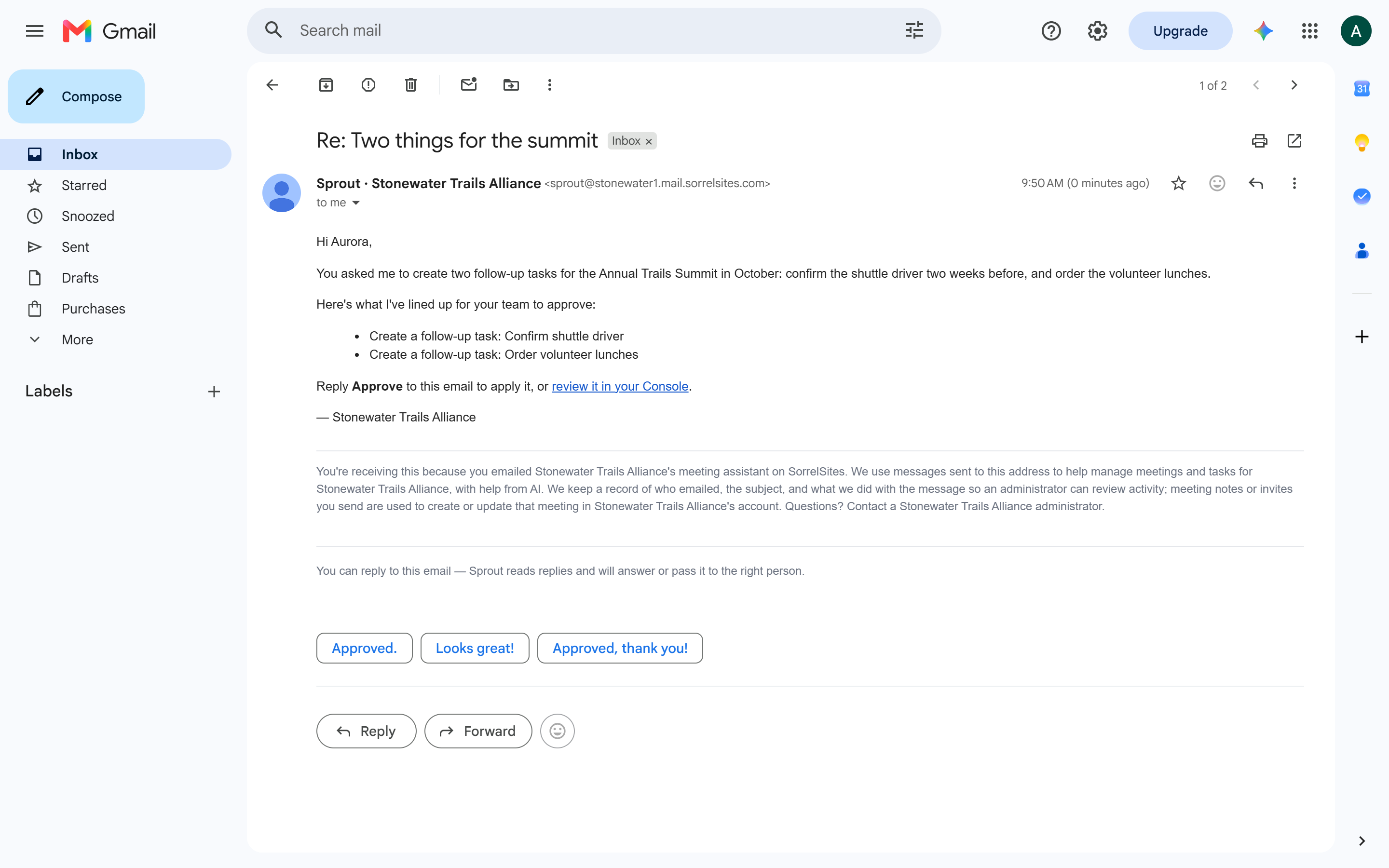 Sprout’s reply listing proposed follow-up tasks and asking for approval.