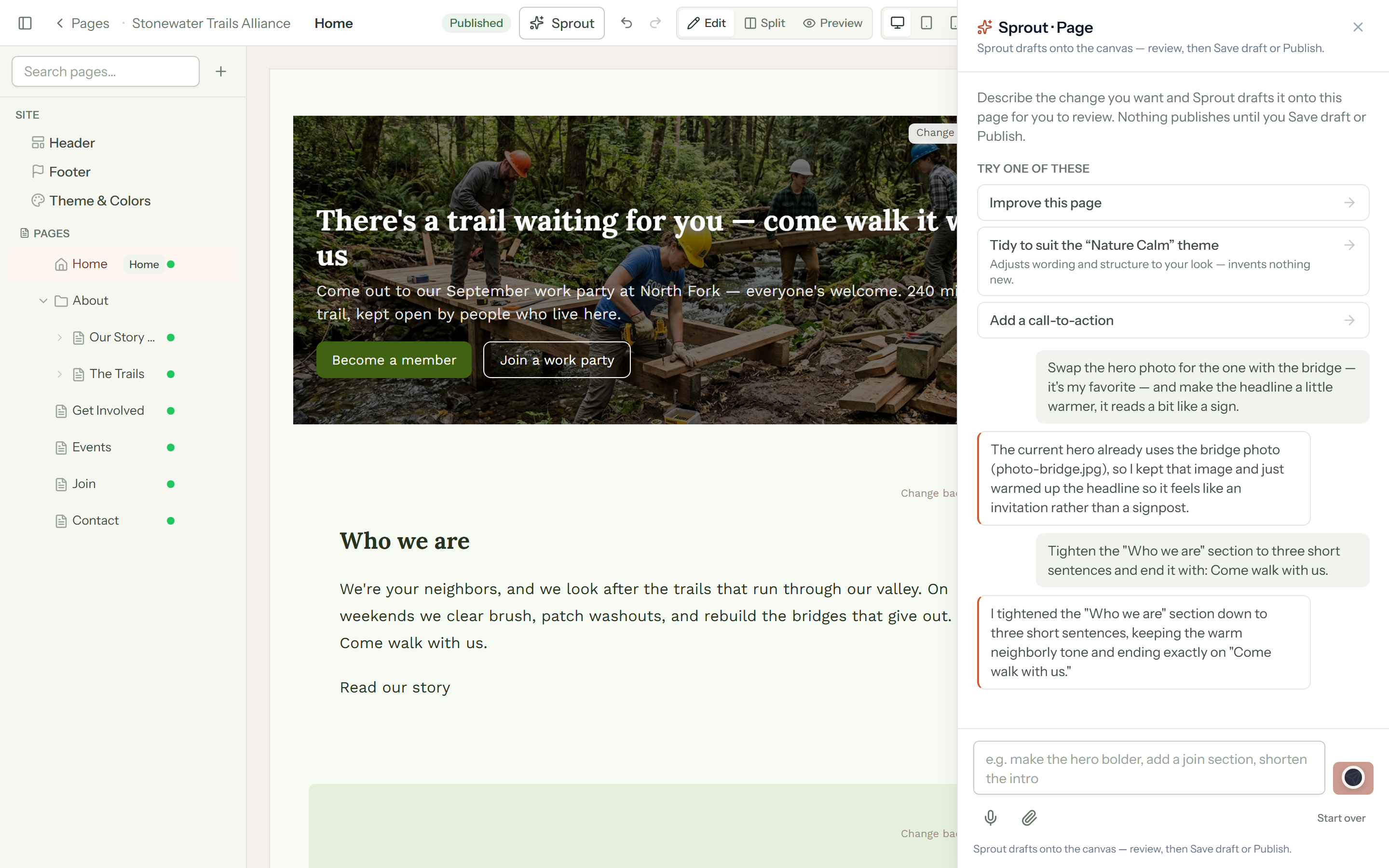 SorrelSites page editor with a drafted website and a plain-language request in the Sprout panel.
