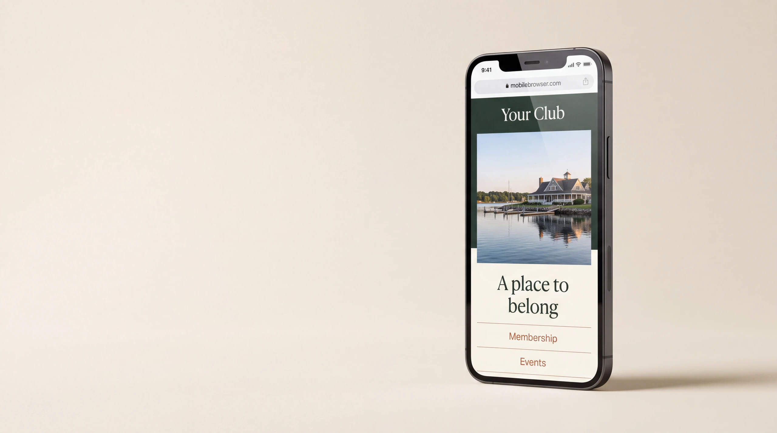 Graphite phone displaying a club website with a waterfront image and membership and events links.